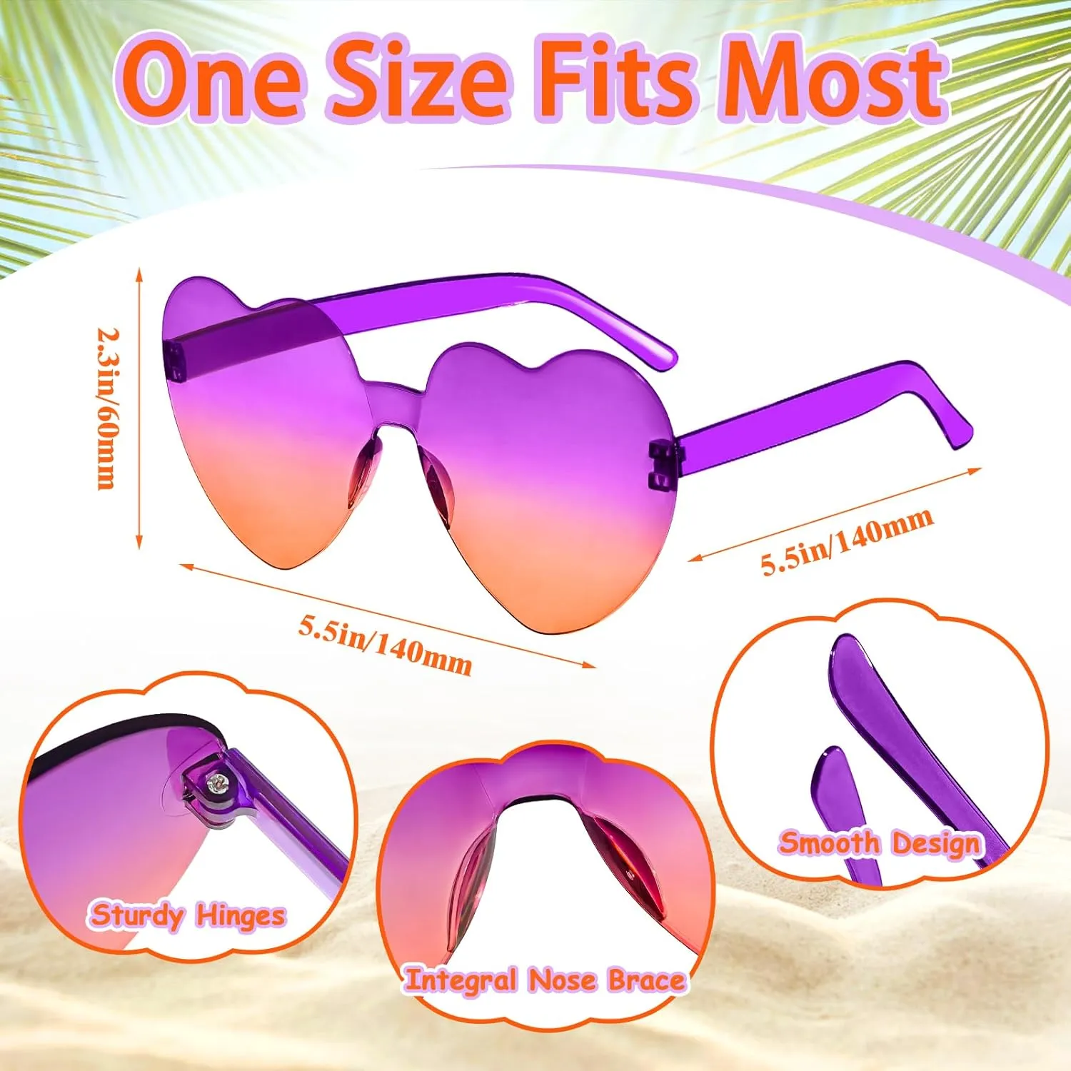 14 Pack Heart Sunglasses for Women, Fun Cute Rimless Transparent Candy Color Heart Glasses Party Favors