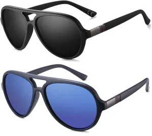 2 Pack Aviator Sunglasses For Men Polarized Lens Plastic Lightweight Double Bridge Frame UV Protection For Driving Matte Black Frame/Smoke Lens Blue Frame/Blue Revo Lens