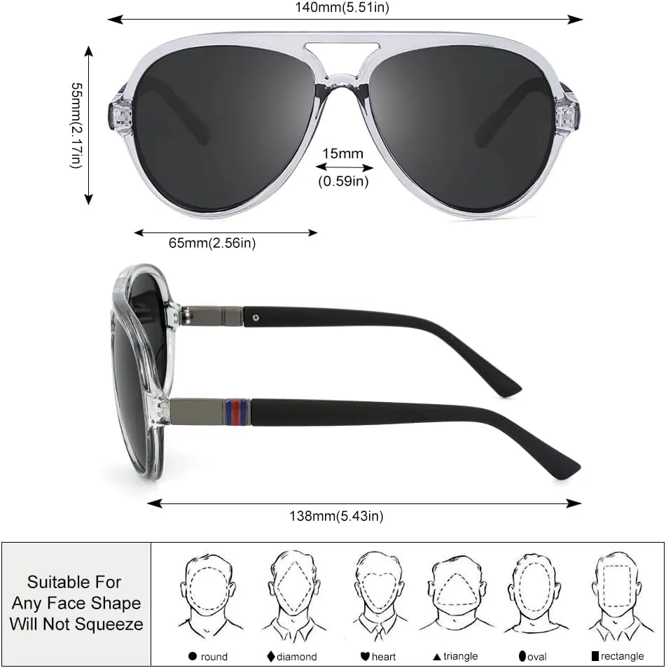 2 Pack Aviator Sunglasses For Men Polarized Lens Plastic Lightweight Double Bridge Frame UV Protection For Driving Matte Black Frame/Smoke Lens Transparent Grey Frame/Smoke Lens