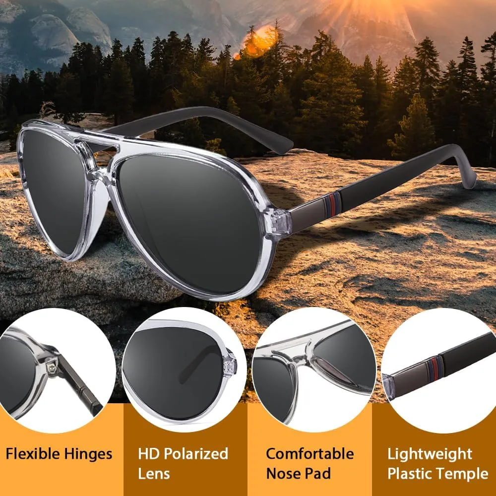 2 Pack Aviator Sunglasses For Men Polarized Lens Plastic Lightweight Double Bridge Frame UV Protection For Driving Matte Black Frame/Smoke Lens Transparent Grey Frame/Smoke Lens