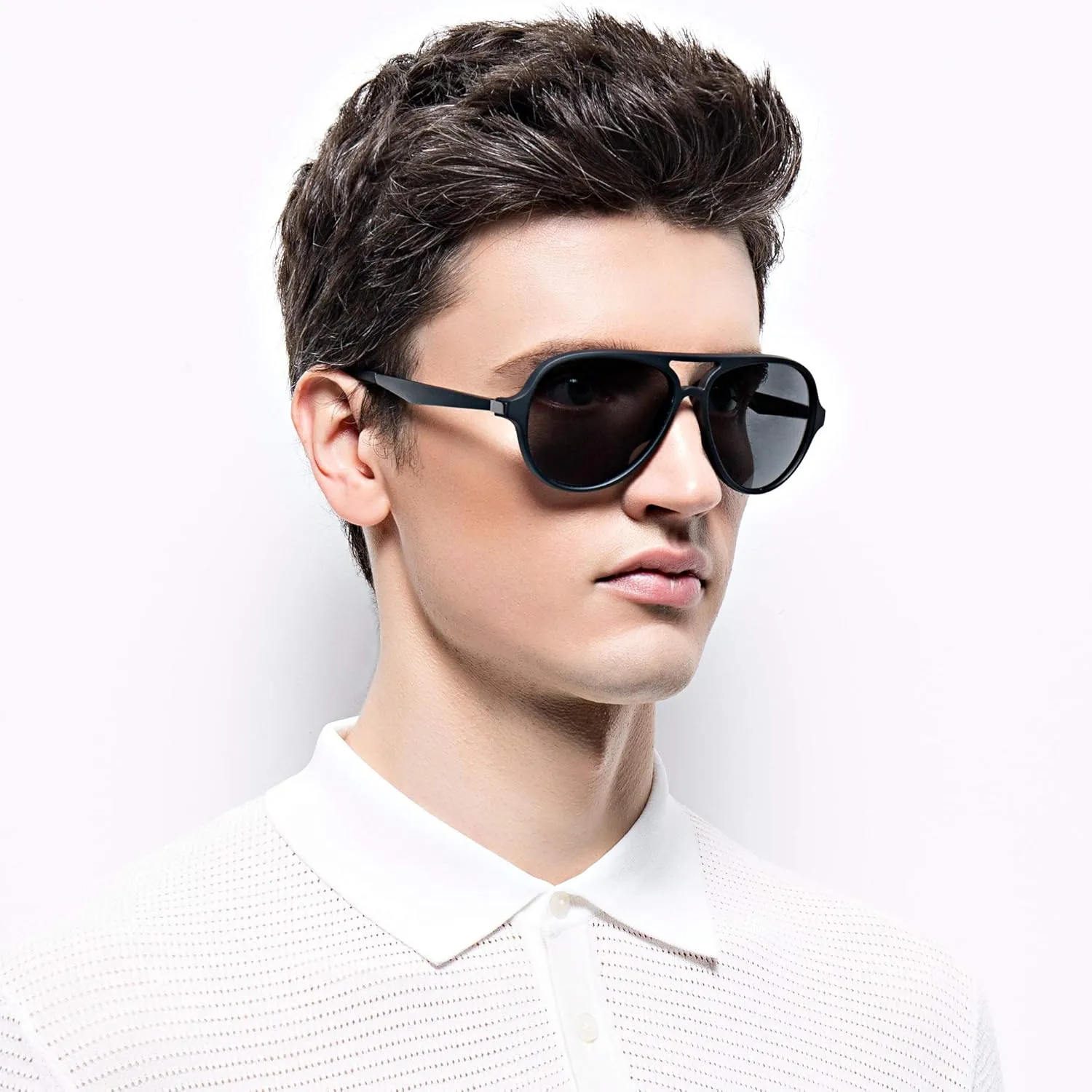 2 Pack Aviator Sunglasses For Men Polarized Lens Plastic Lightweight Double Bridge Frame UV Protection For Driving Matte Black Frame/Smoke Lens Transparent Grey Frame/Smoke Lens