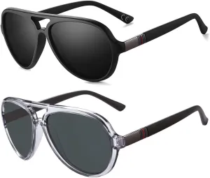2 Pack Aviator Sunglasses For Men Polarized Lens Plastic Lightweight Double Bridge Frame UV Protection For Driving Matte Black Frame/Smoke Lens Transparent Grey Frame/Smoke Lens