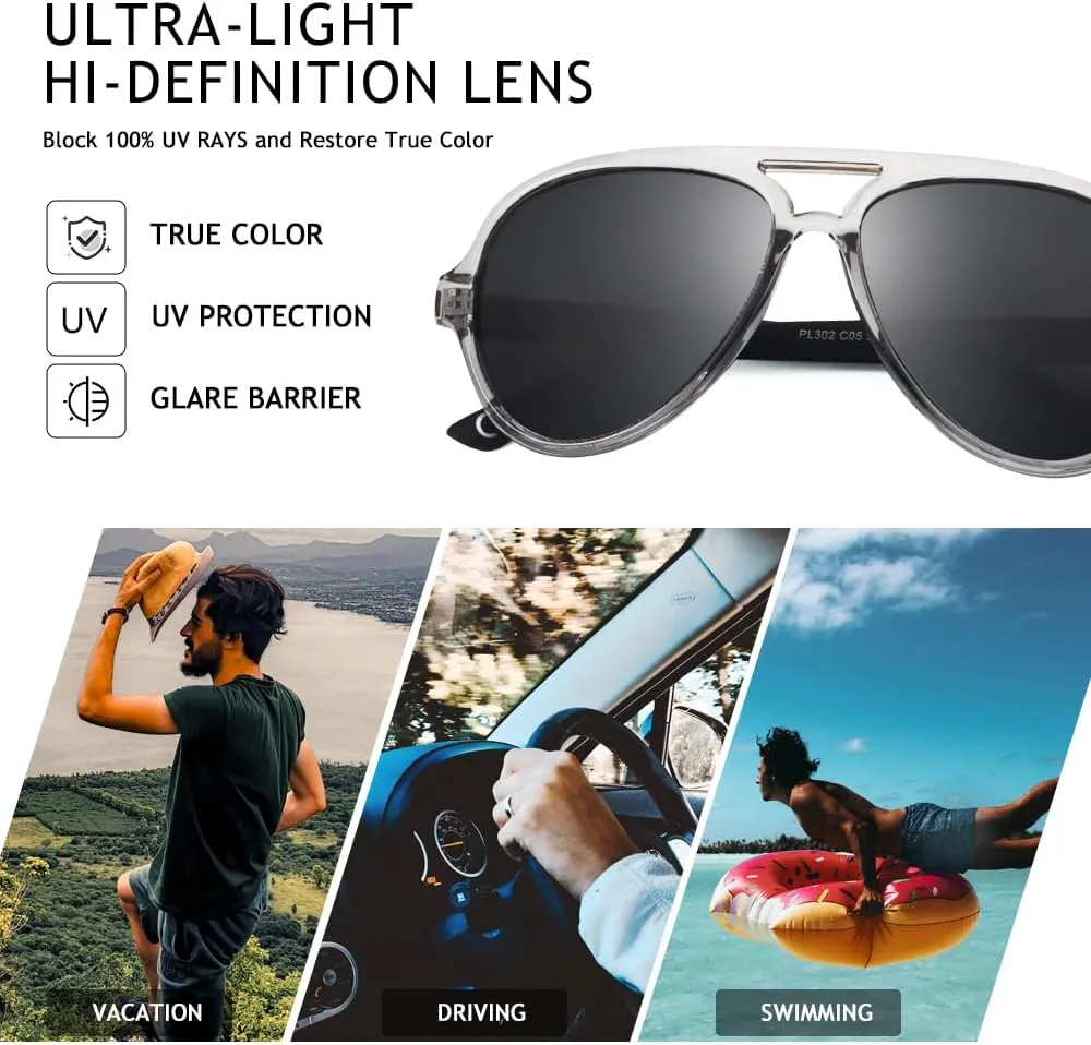 2 Pack Aviator Sunglasses For Men Polarized Lens Plastic Lightweight Double Bridge Frame UV Protection For Driving Matte Black Frame/Smoke Lens Transparent Grey Frame/Smoke Lens