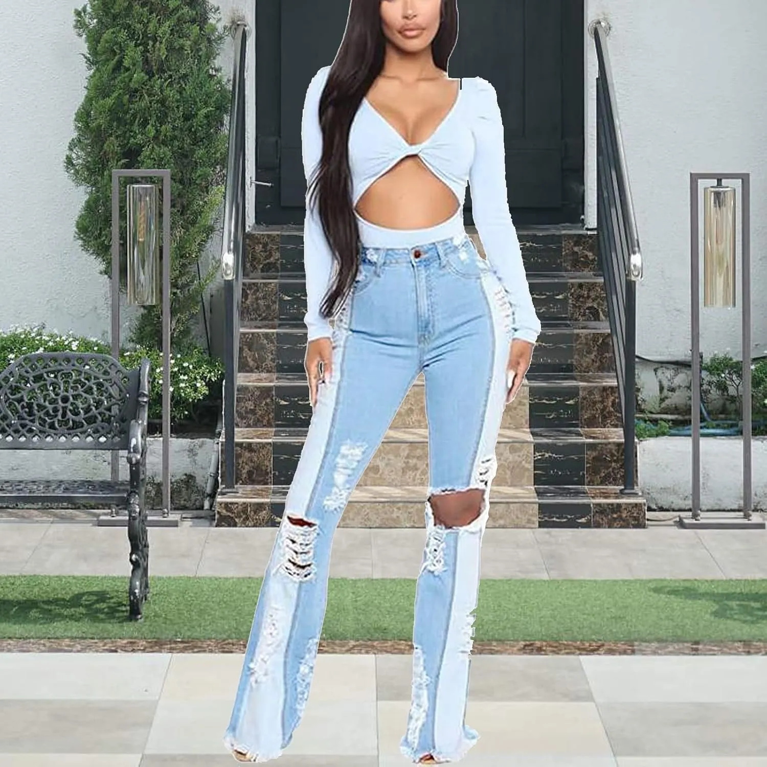 70s Bell Bottom Jeans for Women Elastic High Waisted Raw Hem Denim Pants Classic Vintage Flared Jeans
