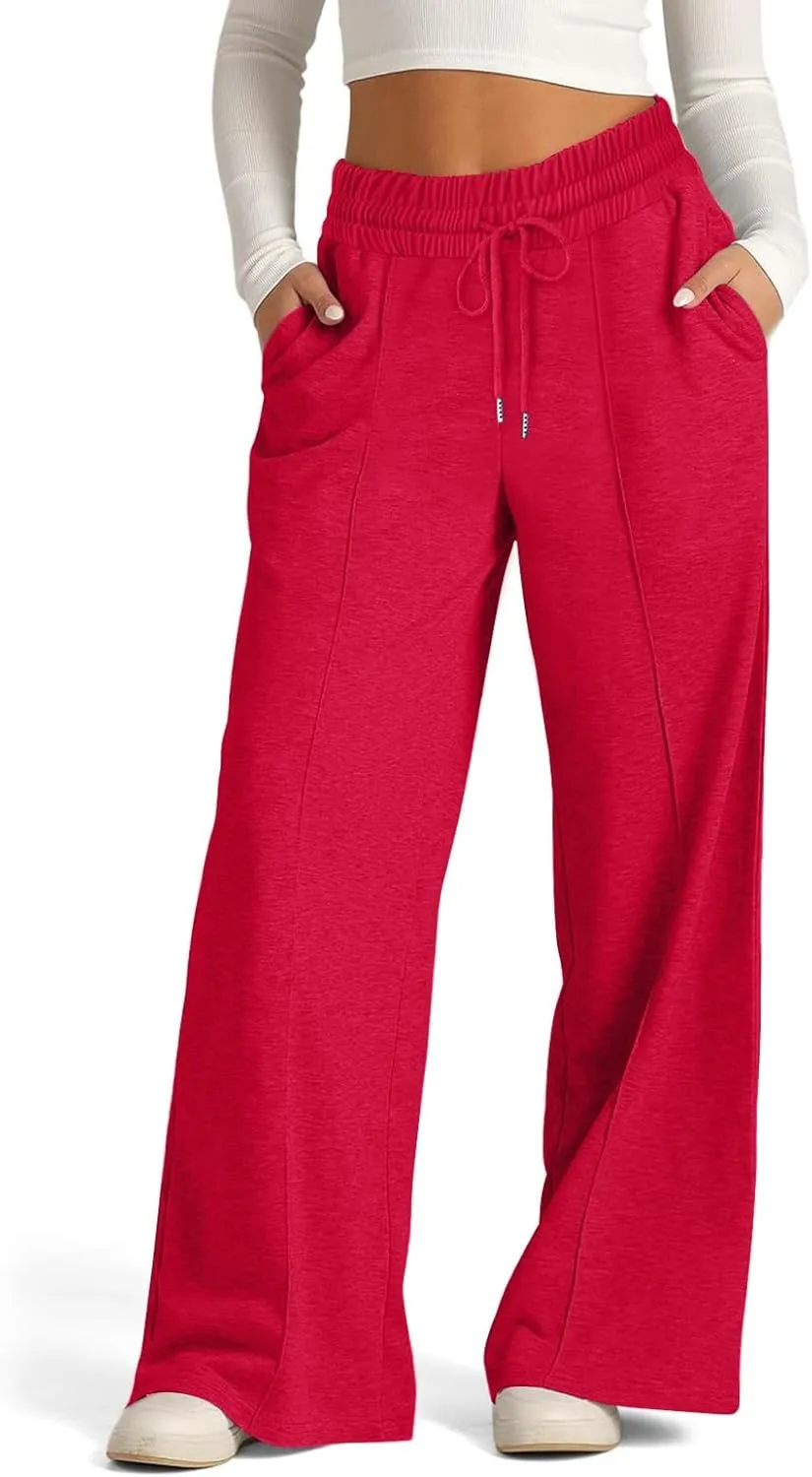 ADHOWBEW Sweat Pants for Womens 2025 Wide Leg High Rise Casual Trendy Elastic Waist Comfy Athletic Joggers