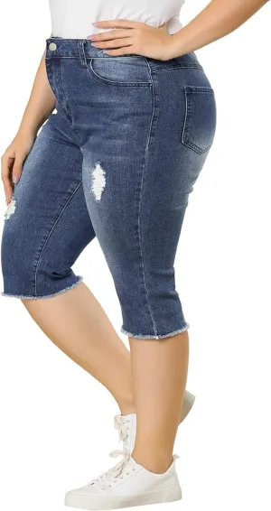 Agnes Orinda Plus Size Jeans for Women 2024 Ripped Slash Pocket Raw Hem Jean Jeggings Denim Capri