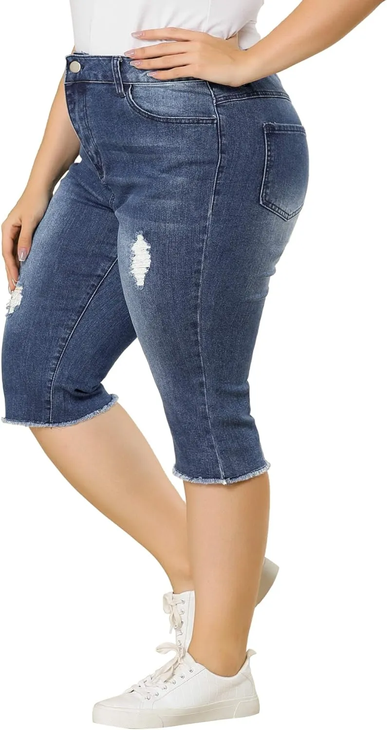 Agnes Orinda Plus Size Jeans for Women 2024 Ripped Slash Pocket Raw Hem Jean Jeggings Denim Capri