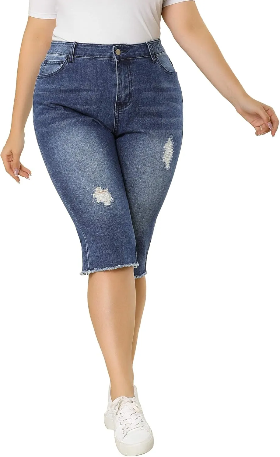 Agnes Orinda Plus Size Jeans for Women 2024 Ripped Slash Pocket Raw Hem Jean Jeggings Denim Capri