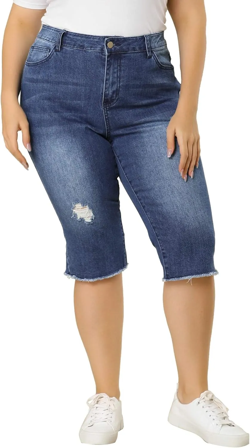 Agnes Orinda Plus Size Jeans for Women 2024 Ripped Slash Pocket Raw Hem Jean Jeggings Denim Capri