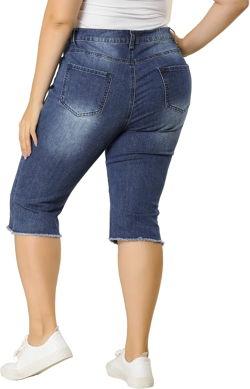 Agnes Orinda Plus Size Jeans for Women 2024 Ripped Slash Pocket Raw Hem Jean Jeggings Denim Capri