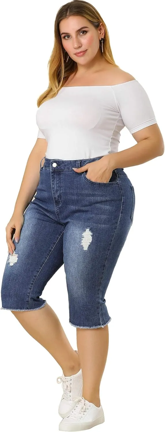 Agnes Orinda Plus Size Jeans for Women 2024 Ripped Slash Pocket Raw Hem Jean Jeggings Denim Capri