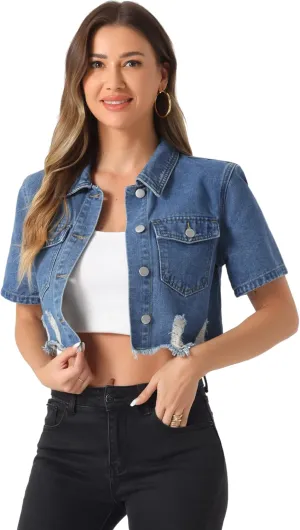 Allegra K Cropped Denim Jacket for Women's Short Sleeve Button Down Frayed Short Jeans Jackets