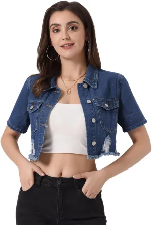 Allegra K Cropped Denim Jacket for Women's Short Sleeve Button Down Frayed Short Jeans Jackets