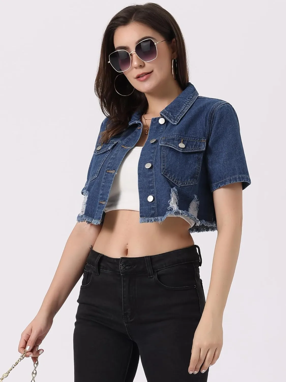Allegra K Cropped Denim Jacket for Women's Short Sleeve Button Down Frayed Short Jeans Jackets