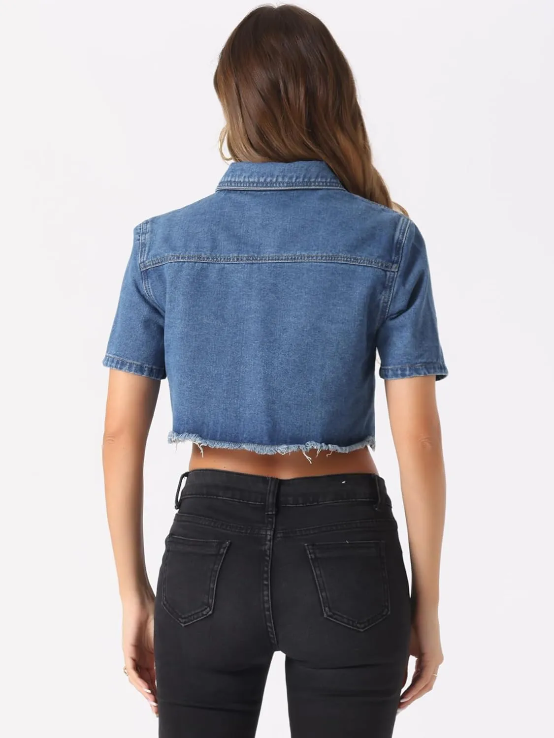 Allegra K Cropped Denim Jacket for Women's Short Sleeve Button Down Frayed Short Jeans Jackets