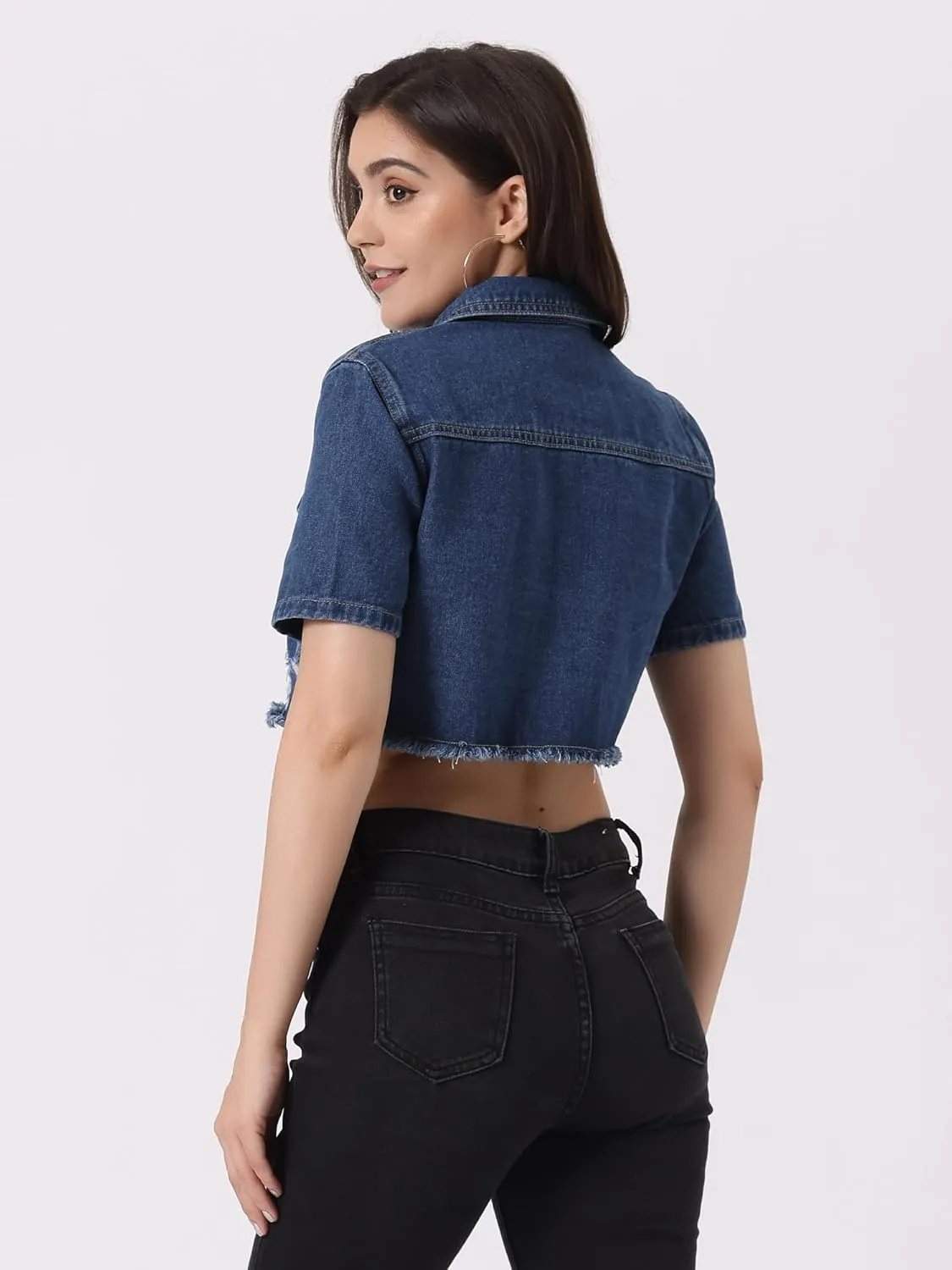 Allegra K Cropped Denim Jacket for Women's Short Sleeve Button Down Frayed Short Jeans Jackets