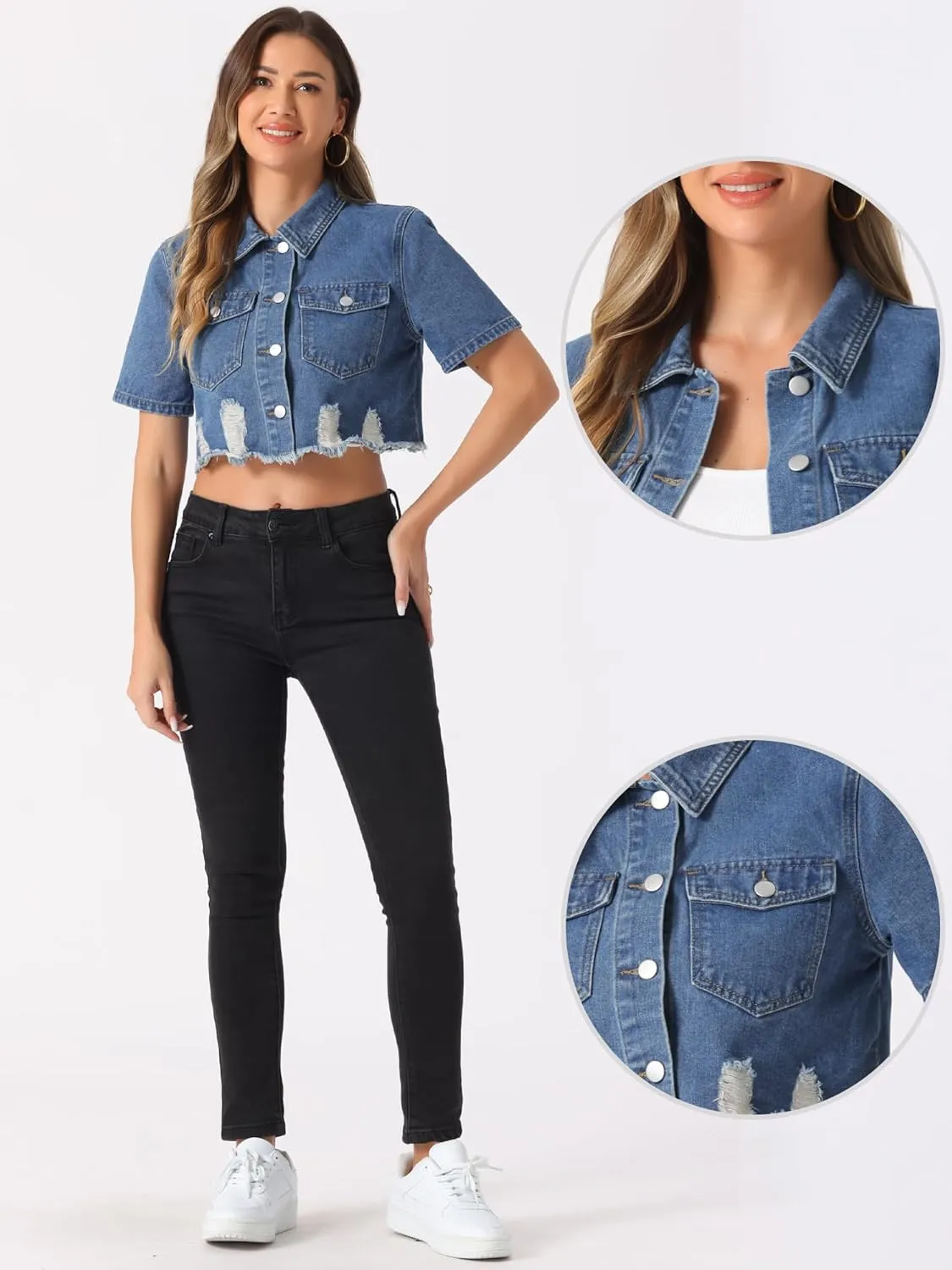 Allegra K Cropped Denim Jacket for Women's Short Sleeve Button Down Frayed Short Jeans Jackets