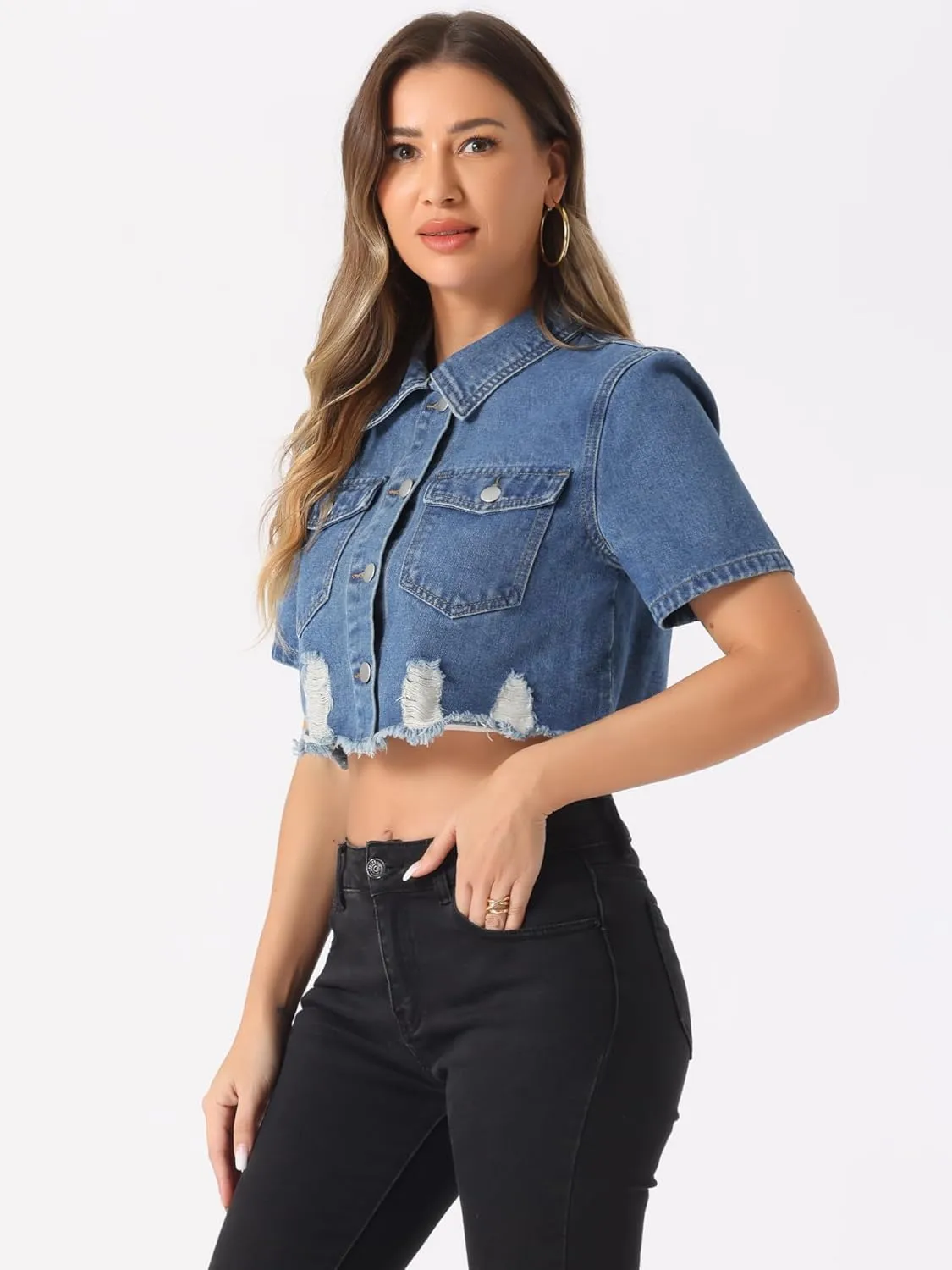 Allegra K Cropped Denim Jacket for Women's Short Sleeve Button Down Frayed Short Jeans Jackets