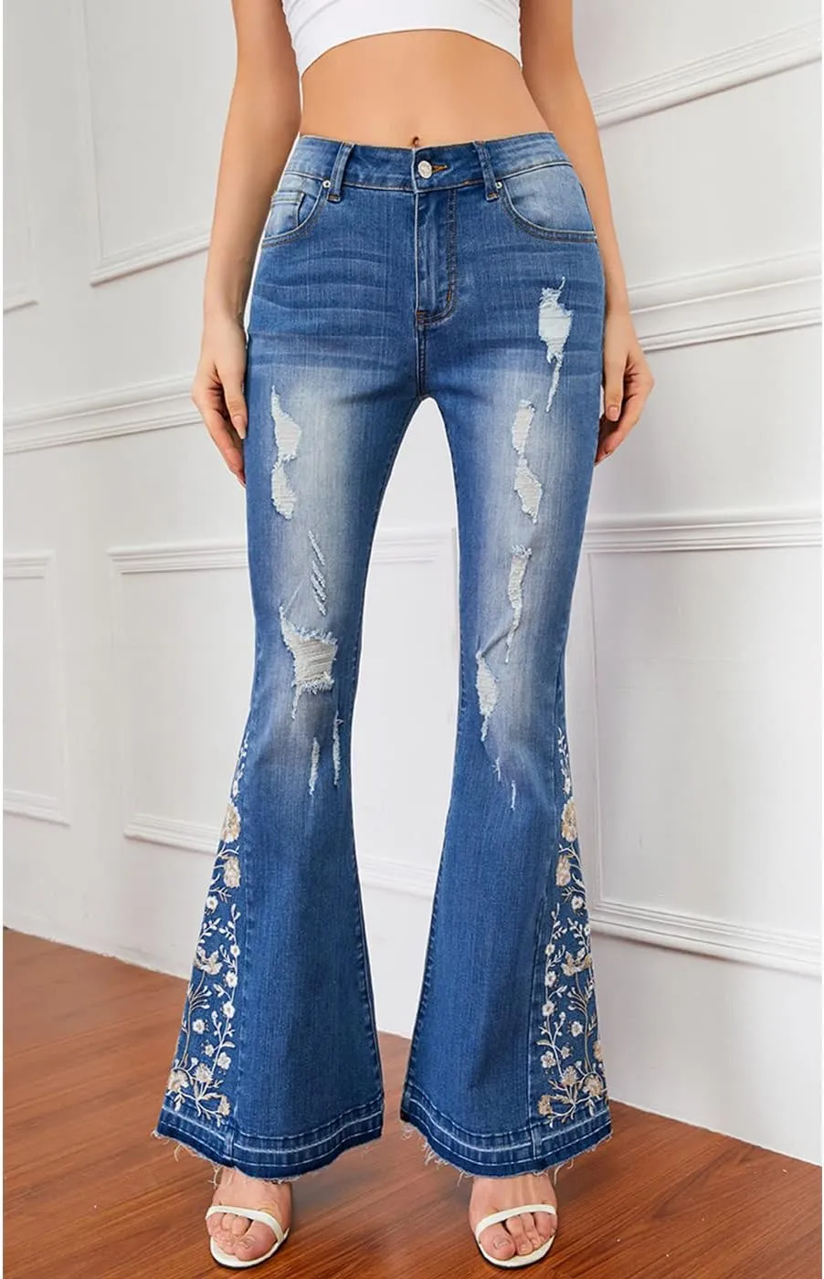 Anna-Kaci Womens Floral Daisy Embroidered Mid Rise Bell Bottom Flare Frayed Hem Jeans