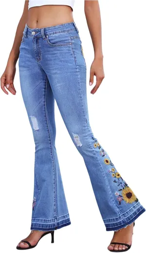 Anna-Kaci Womens Floral Daisy Embroidered Mid Rise Bell Bottom Flare Frayed Hem Jeans