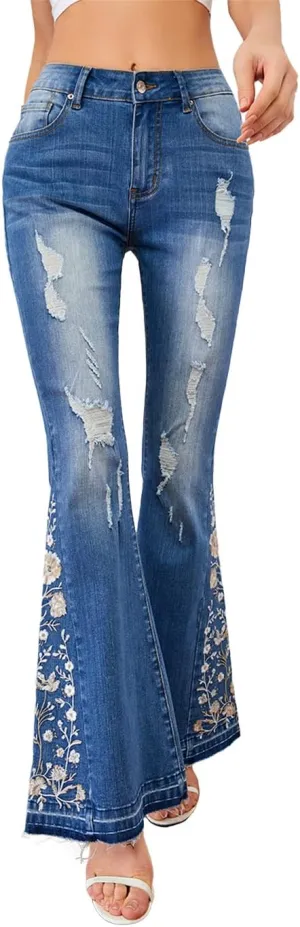 Anna-Kaci Womens Floral Daisy Embroidered Mid Rise Bell Bottom Flare Frayed Hem Jeans