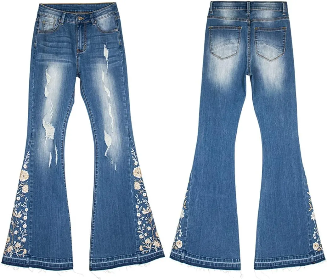 Anna-Kaci Womens Floral Daisy Embroidered Mid Rise Bell Bottom Flare Frayed Hem Jeans