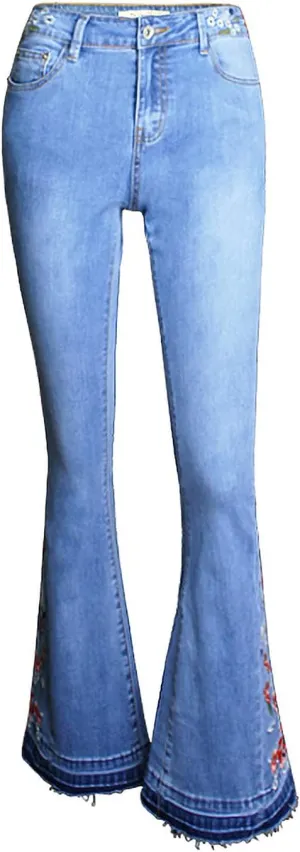 Anna-Kaci Womens Floral Daisy Embroidered Mid Rise Bell Bottom Flare Frayed Hem Jeans
