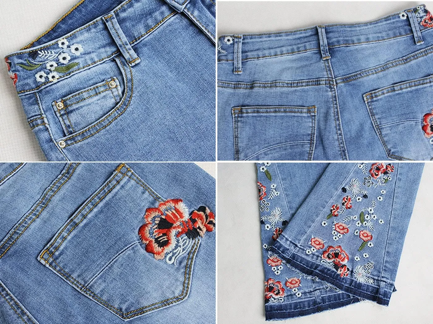 Anna-Kaci Womens Floral Daisy Embroidered Mid Rise Bell Bottom Flare Frayed Hem Jeans