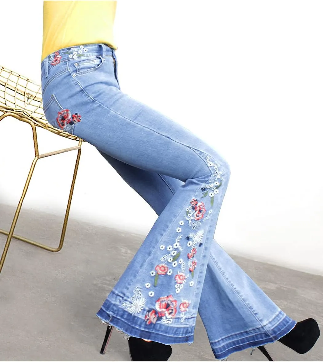 Anna-Kaci Womens Floral Daisy Embroidered Mid Rise Bell Bottom Flare Frayed Hem Jeans