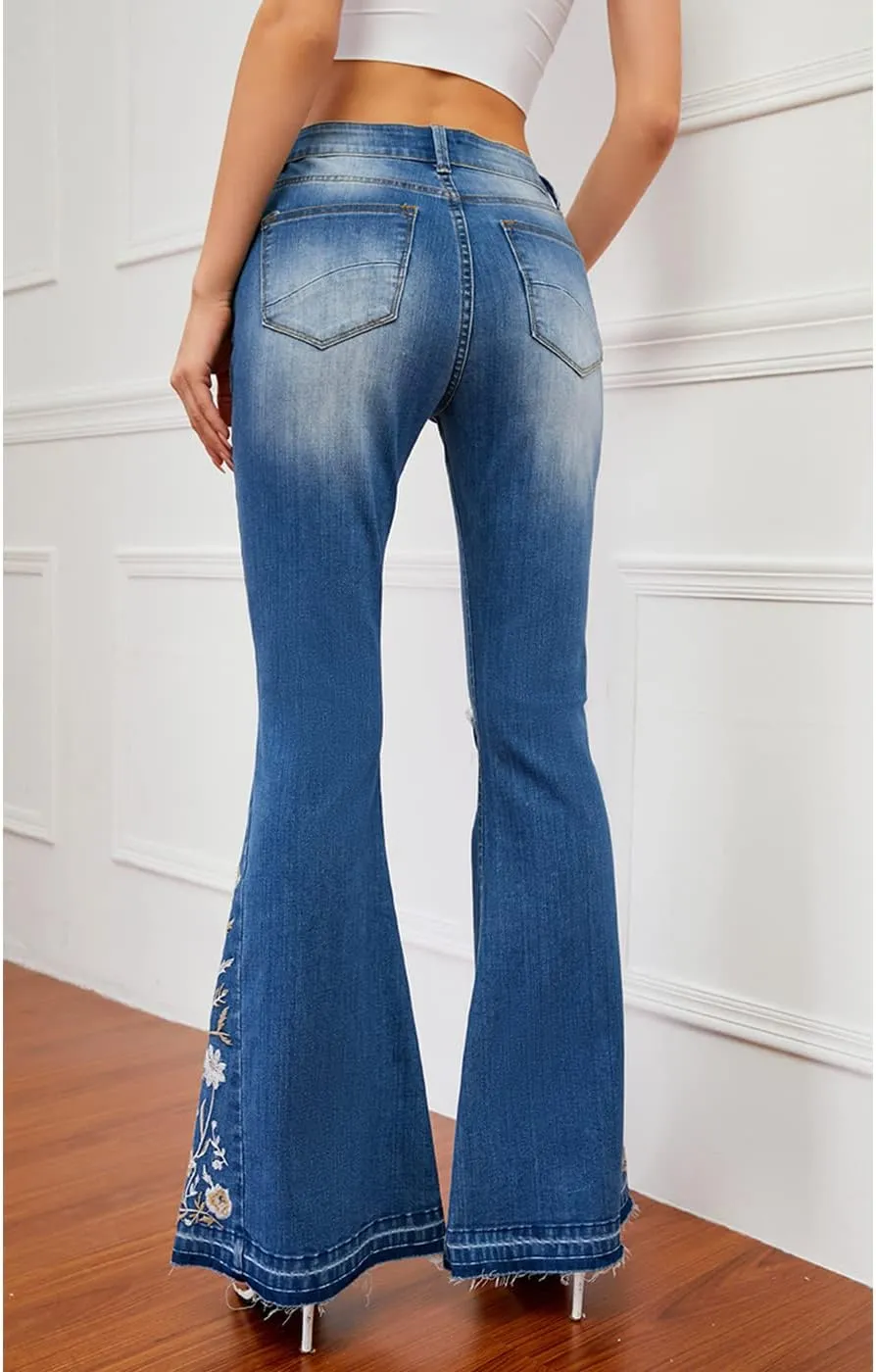Anna-Kaci Womens Floral Daisy Embroidered Mid Rise Bell Bottom Flare Frayed Hem Jeans