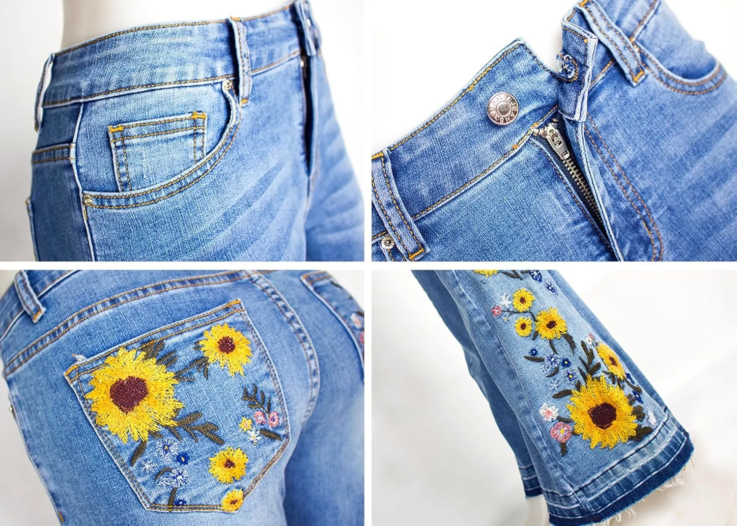 Anna-Kaci Womens Floral Daisy Embroidered Mid Rise Bell Bottom Flare Frayed Hem Jeans
