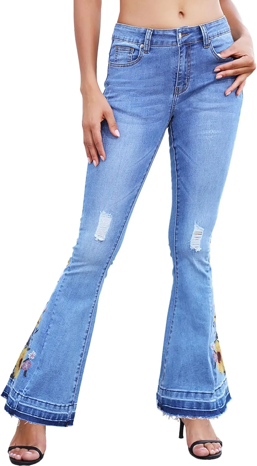 Anna-Kaci Womens Floral Daisy Embroidered Mid Rise Bell Bottom Flare Frayed Hem Jeans