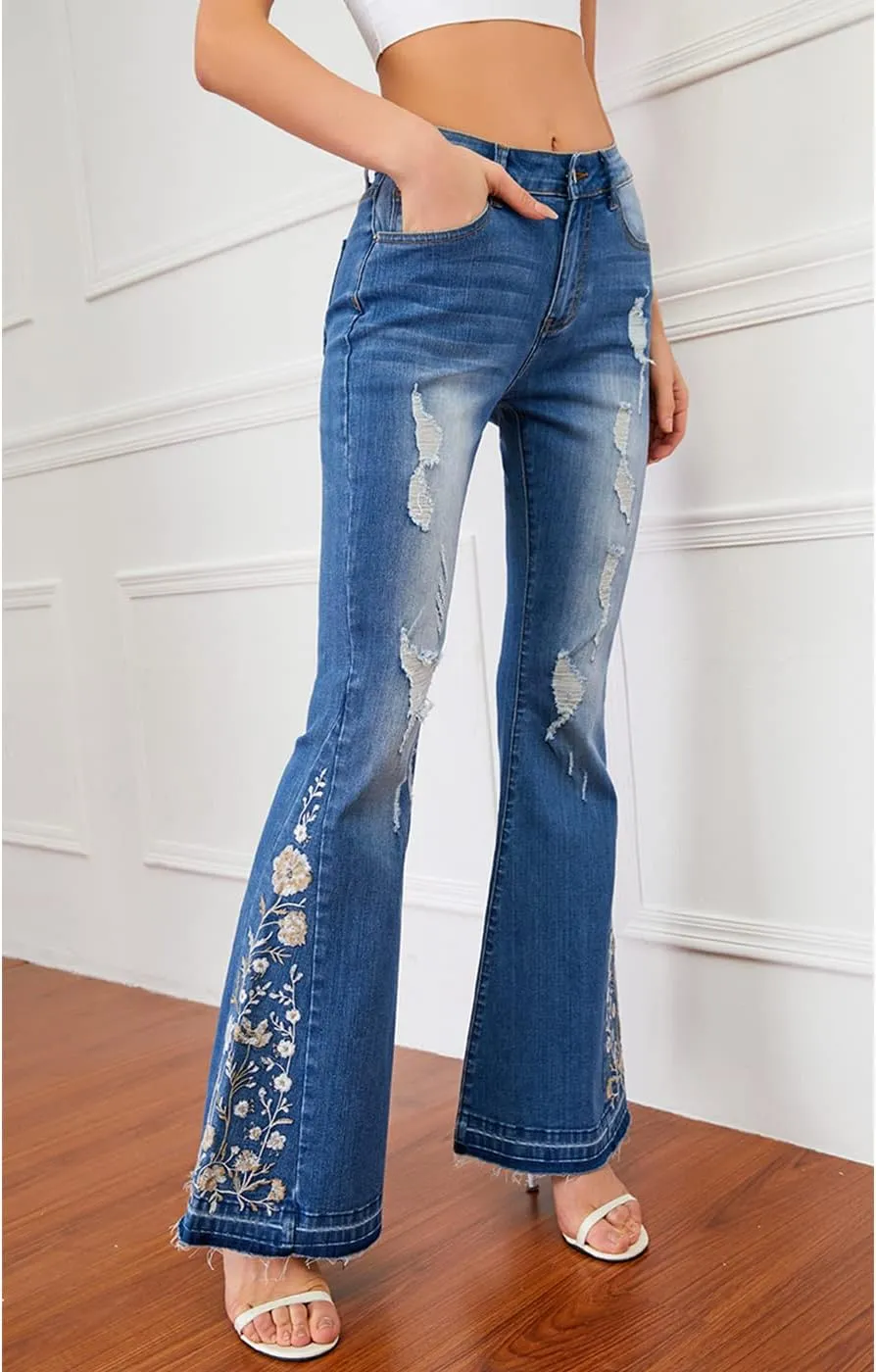 Anna-Kaci Womens Floral Daisy Embroidered Mid Rise Bell Bottom Flare Frayed Hem Jeans