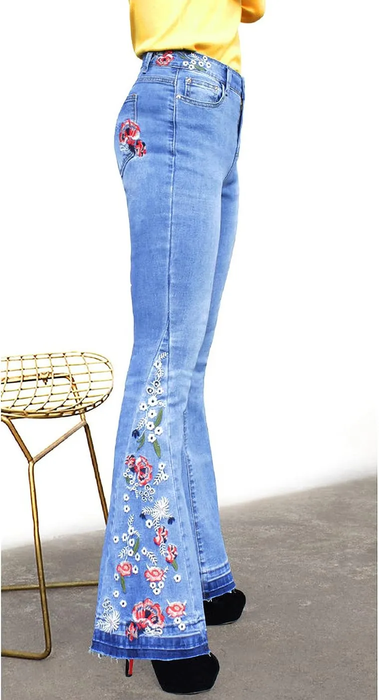 Anna-Kaci Womens Floral Daisy Embroidered Mid Rise Bell Bottom Flare Frayed Hem Jeans