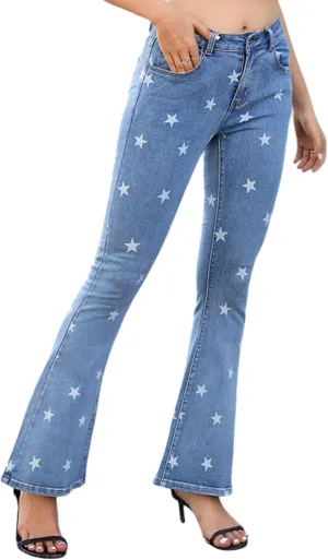 Anna-Kaci Womens Floral Daisy Embroidered Mid Rise Bell Bottom Flare Frayed Hem Jeans