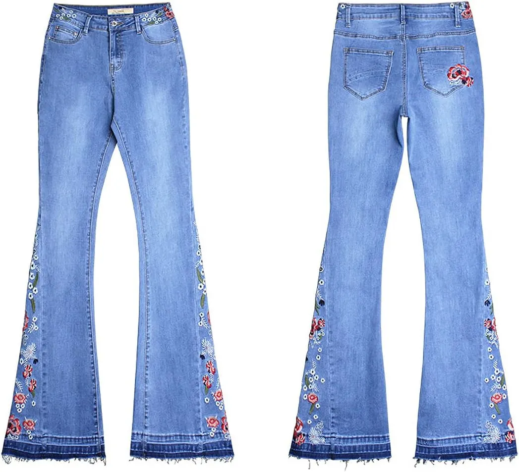 Anna-Kaci Womens Floral Daisy Embroidered Mid Rise Bell Bottom Flare Frayed Hem Jeans