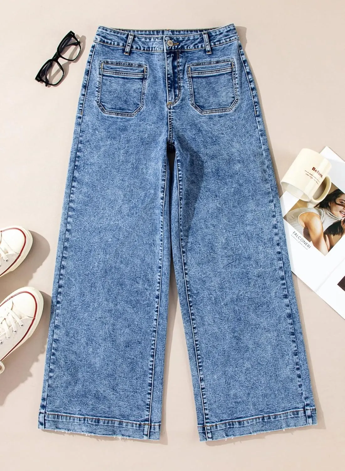 Astylish Womens Jeans Wide Leg High Waisted Stretchy Straight Leg Jeans Trendy Ankle Denim Pants with Patch Pocket
