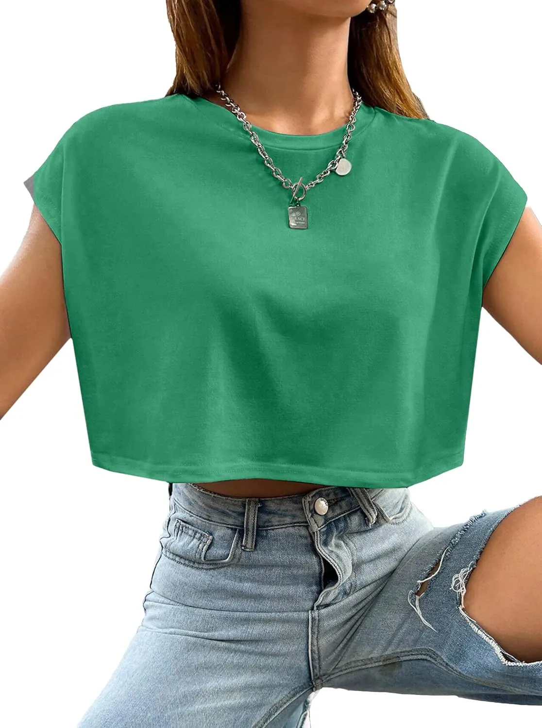 Avanova Women Oversized Batwing Boxy Tee Shirt Crewneck Loose Short Sleeve Crop Top