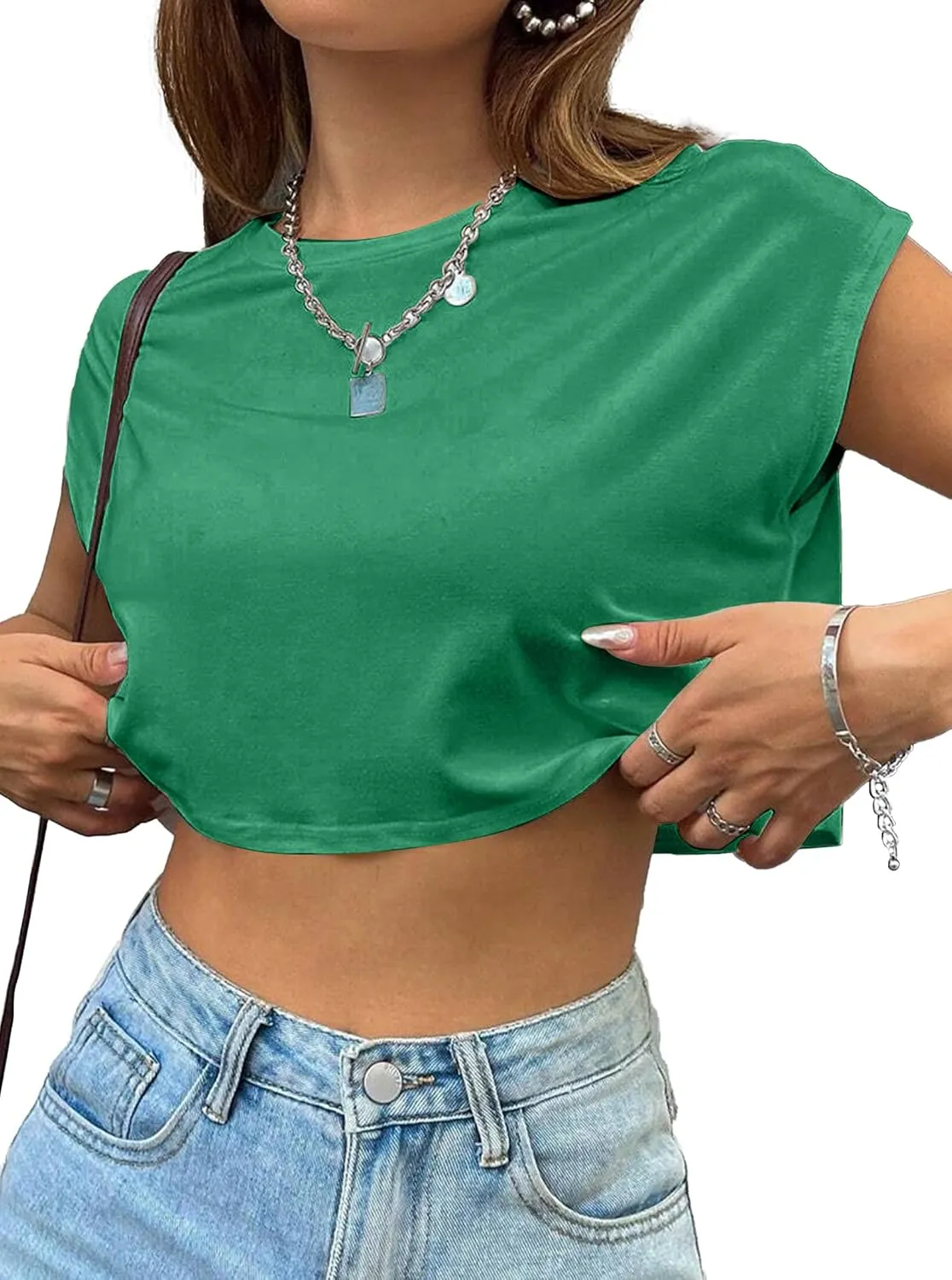 Avanova Women Oversized Batwing Boxy Tee Shirt Crewneck Loose Short Sleeve Crop Top