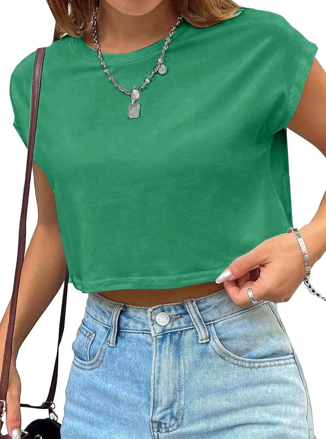 Avanova Women Oversized Batwing Boxy Tee Shirt Crewneck Loose Short Sleeve Crop Top