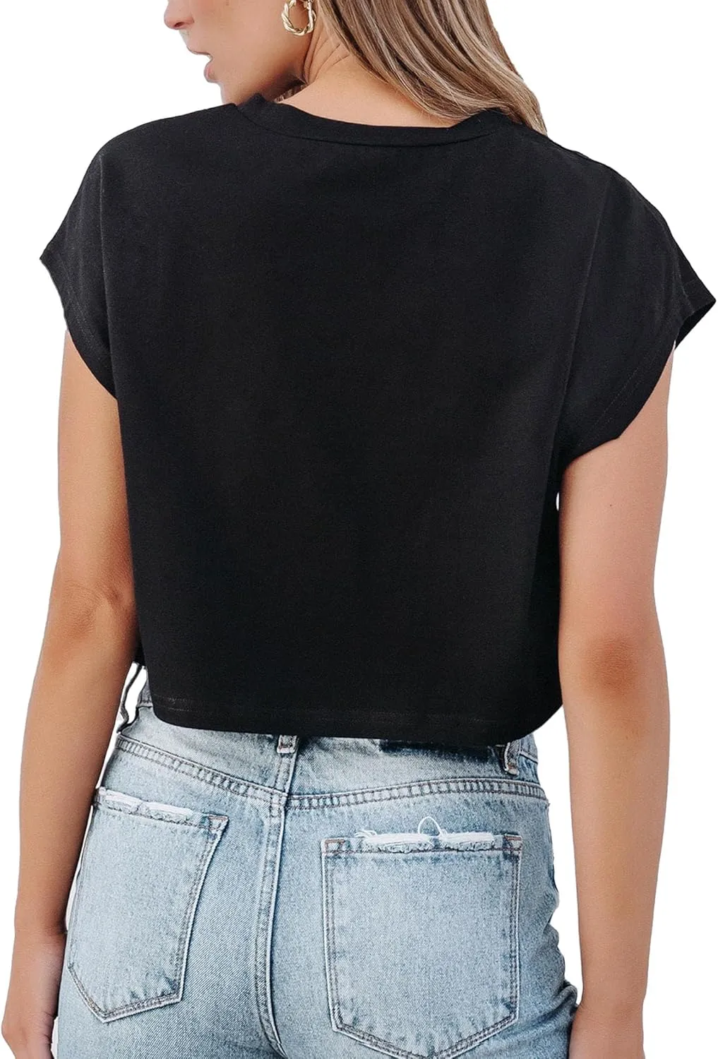 Avanova Women Oversized Batwing Boxy Tee Shirt Crewneck Loose Short Sleeve Crop Top