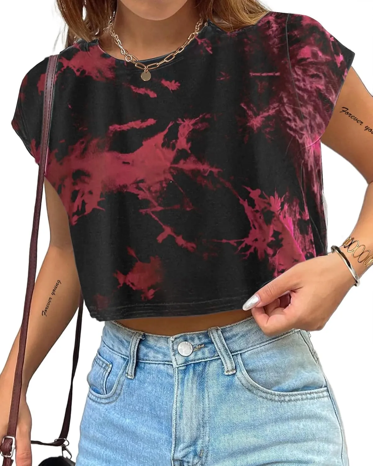 Avanova Women Oversized Batwing Boxy Tee Shirt Crewneck Loose Short Sleeve Crop Top