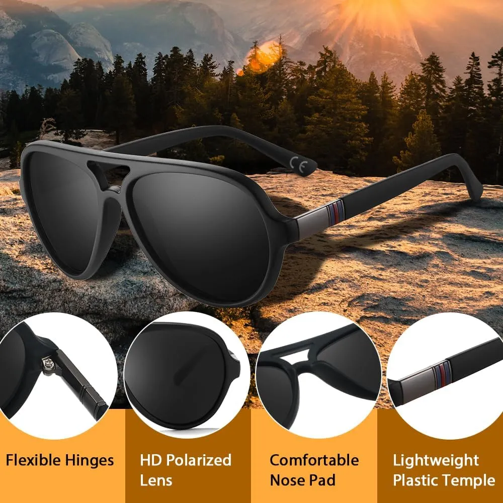 Aviator Sunglasses For Men Polarized Lens Plastic Lightweight Double Bridge Frame UV Protection For Driving Matte Black Frame/Smoke Lens