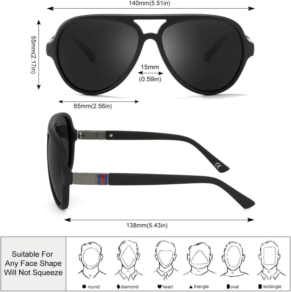 Aviator Sunglasses For Men Polarized Lens Plastic Lightweight Double Bridge Frame UV Protection For Driving Matte Black Frame/Smoke Lens