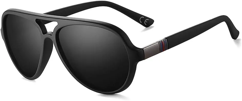 Aviator Sunglasses For Men Polarized Lens Plastic Lightweight Double Bridge Frame UV Protection For Driving Matte Black Frame/Smoke Lens