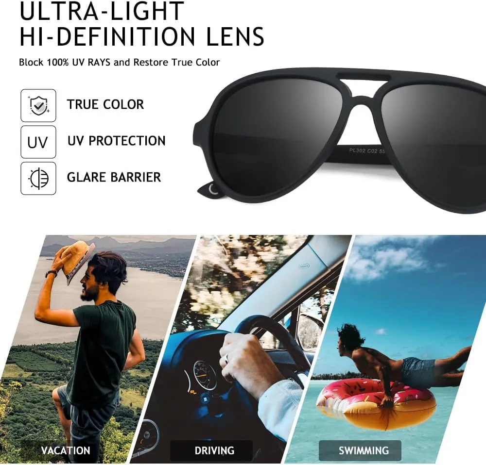 Aviator Sunglasses For Men Polarized Lens Plastic Lightweight Double Bridge Frame UV Protection For Driving Matte Black Frame/Smoke Lens