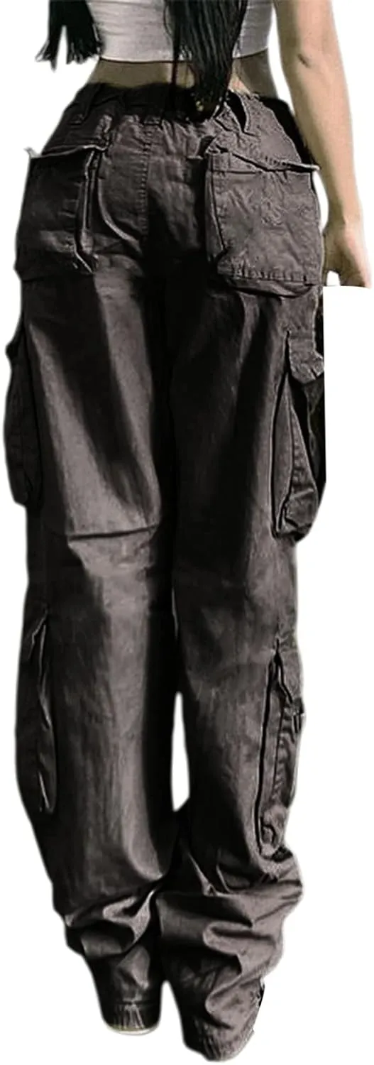 Awoscut Women's Y2k Cargo Pants Casual Straight Leg High Rise Baggy Joggers Trousers with Multiple Pockets Streetwear