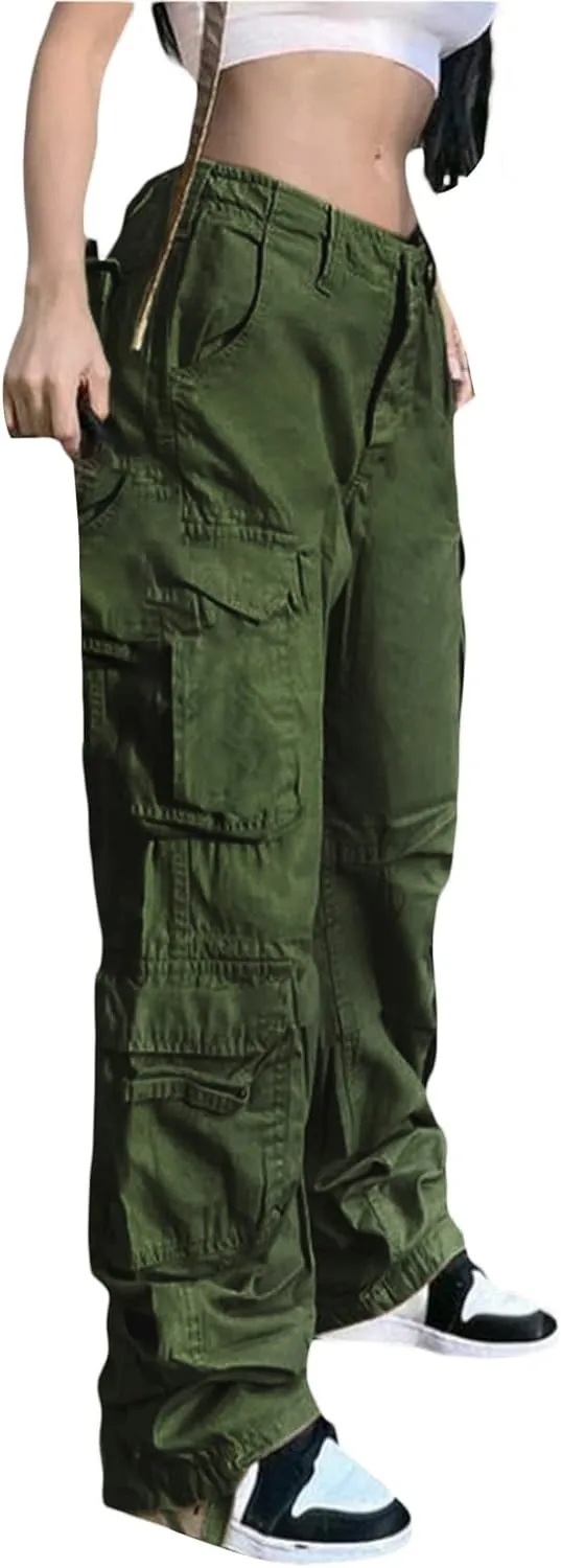 Awoscut Women's Y2k Cargo Pants Casual Straight Leg High Rise Baggy Joggers Trousers with Multiple Pockets Streetwear
