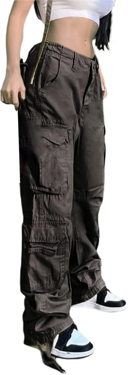 Awoscut Women's Y2k Cargo Pants Casual Straight Leg High Rise Baggy Joggers Trousers with Multiple Pockets Streetwear