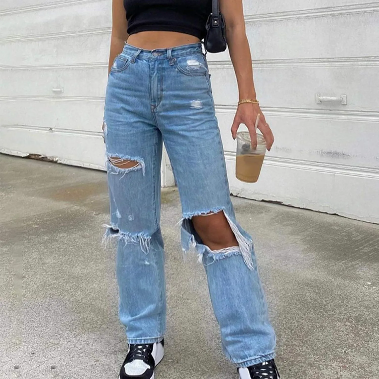 Baggy Jeans for Women Work Ripped Distressed High Rise Y2K E-Girl Fashion Oversized Baggy Loose Wide Leg Denim Pants